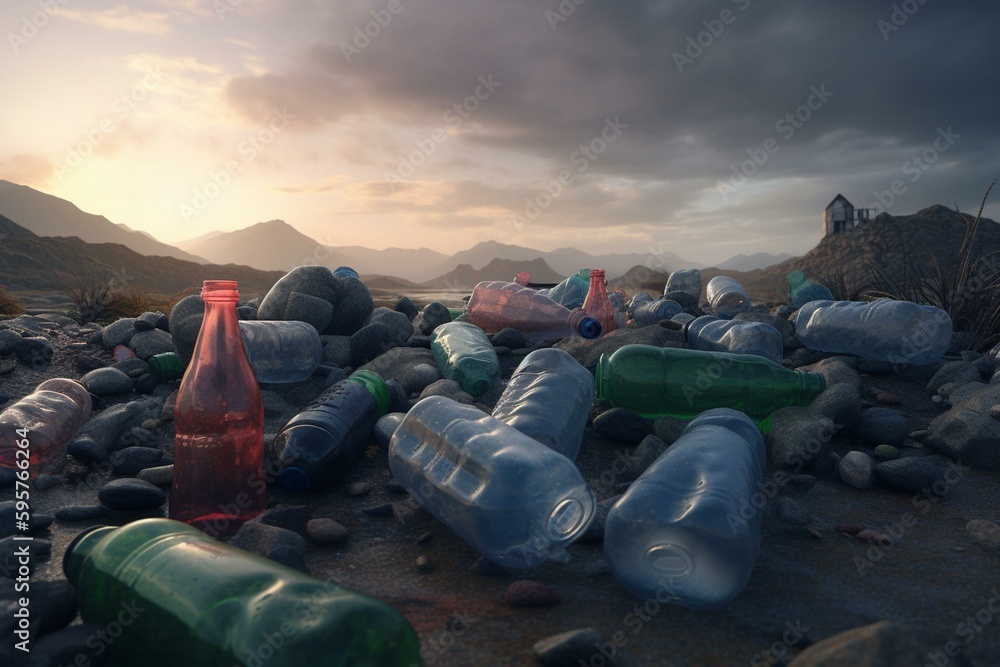 3D illustration depicts plastic bottles posing danger to environment