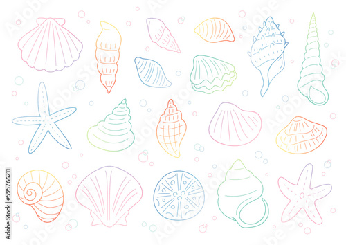 貝がらやヒトデの手書き線画ベクターイラスト／グラデーション