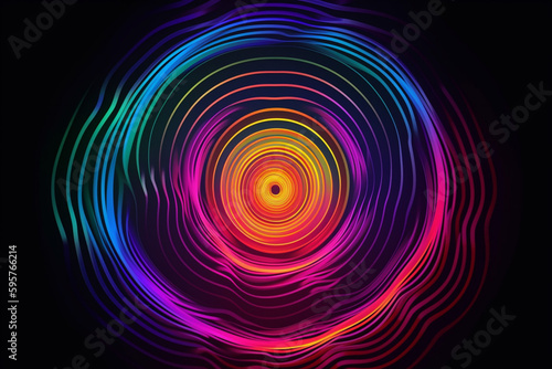 Background with psychedelic design elements with gradient blending effect neon sunbeam on dark background. Generated AI