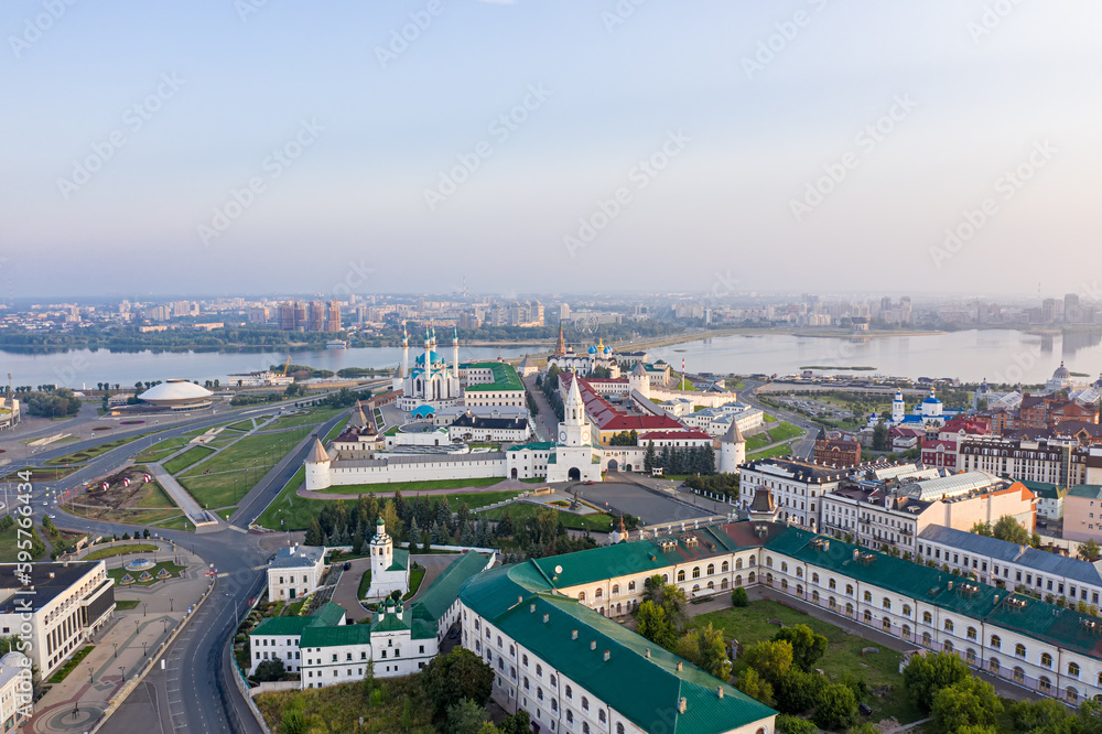 Kazan, Russia - August 6, 2020: Aerial view of the Kazan Kremlin during sunrise