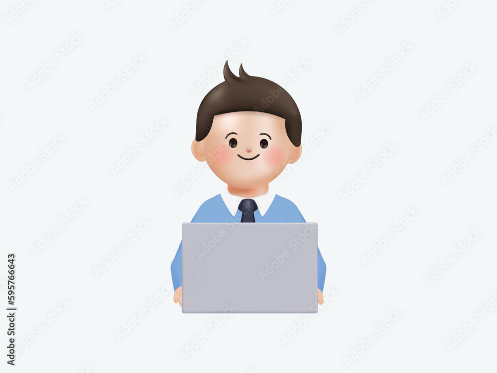 Young man working on the laptop computer and having a idea. Freelance job, creativity innovation. 3d vector people character illustration. Cartoon minimal style. Young man working on the laptop computer and having a idea. Freelance job, creativity innovation. 3d vector people character illustration. Cartoon minimal style.