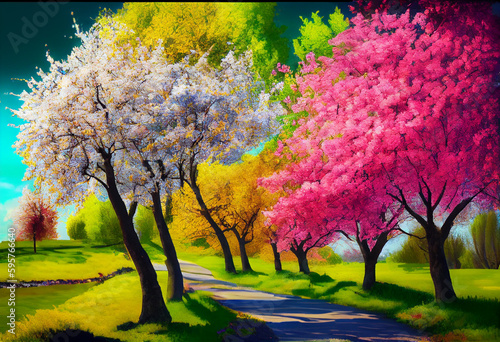 cherry blossoms  spring landscape  pink  digital illustration generative AI