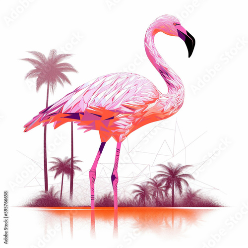 Beautiful pastel soft pink flamingo with palm leaves illustration © Daria
