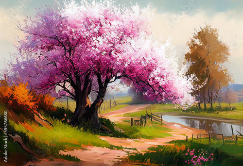 cherry blossoms, spring landscape, pink, digital illustration generative AI
