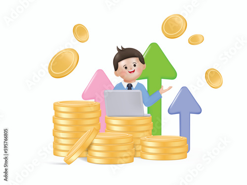 Cartoon businessman with laptop on coins stack over white background with up arrows. Stock market trading concept. 3d render illustration.