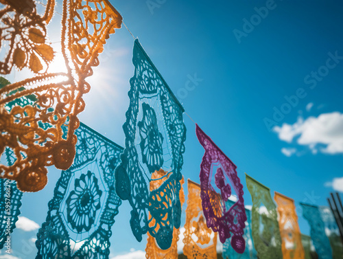 Colorful mexican perforated papel picado banner, festival colourful paper garland. Multi colored hispanic folk carved tissue flags, holiday or carnival. photo