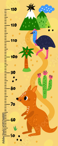 Kids growth ruler. Australian animals. Childish measuring centimeter scale. Funny kangaroo or emu. Wall meter. Children growing measurement. Desert landscape. Vector stadiometer design