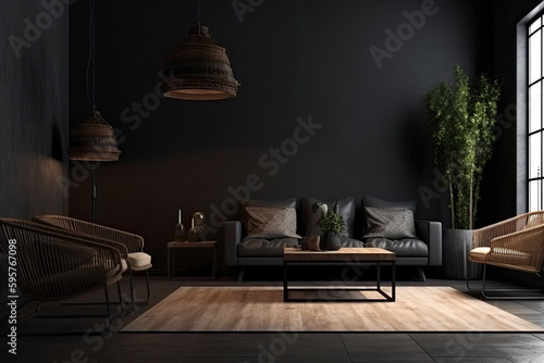 Interior design of a stylish and comfortable elegant living room on a black background 