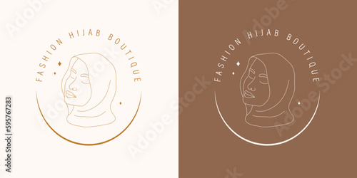 Fashion hijab boutique. Vector logotype design for wear store. Linear muslim woman with closed eyes. Minimalistic trendy illustration.