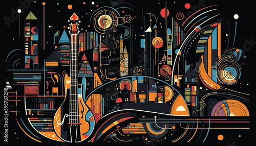 Colorful, abstract, vector illustration of jazz instruments coming together with city silhouette and lights to create a vibrant background