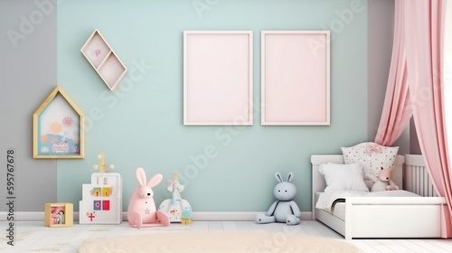Mock-up poster frame in children's room on light green background