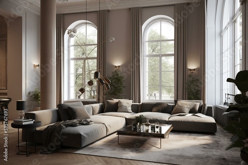 Chic living room with sofa, TV, decor, and wide window. Generative AI © Gabriela