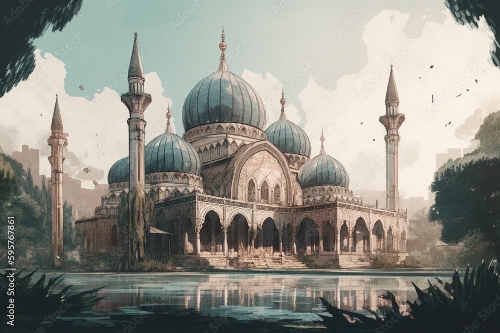 Illustration of a stunning mosque in watercolor. Generative AI