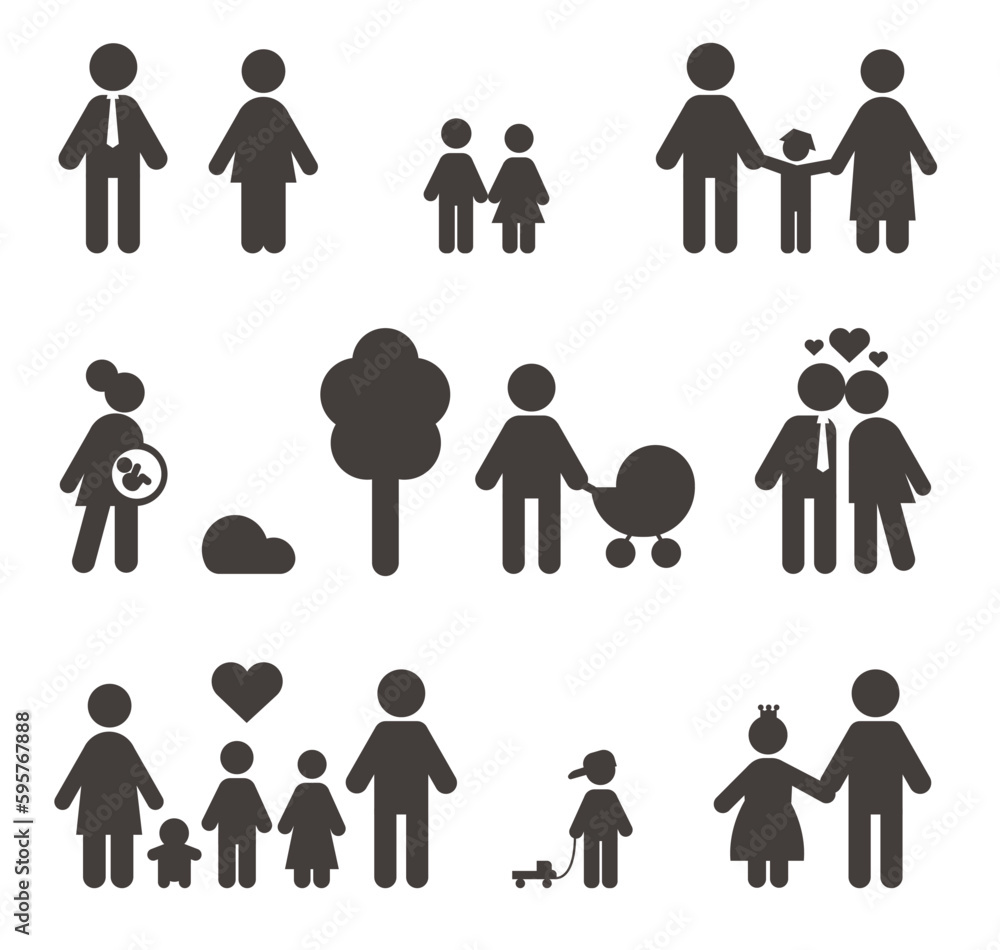 People black icons. Family signs. Parents with children. Couples in love. Pregnant women. Expectant mothers. Husband and wife relationship. Parenthood symbols. Vector pictograms set People black icons. Family signs. Parents with children. Couples in love. Pregnant women. Expectant mothers. Husband and wife relationship. Parenthood symbols. Vector pictograms set