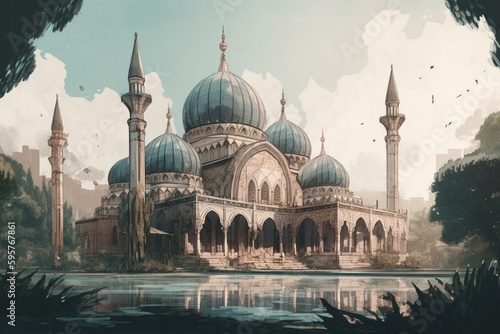 Illustration of a stunning mosque in watercolor. Generative AI