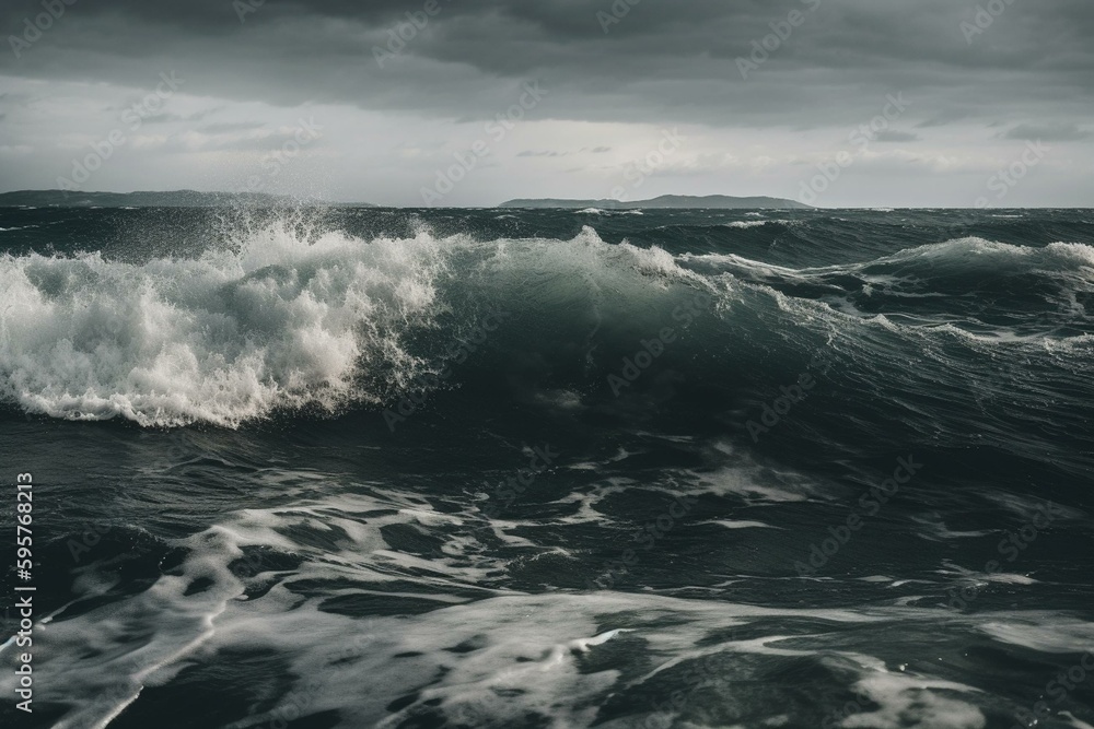 The turbulent sea collides against the backdrop of overcast clouds. Generative AI