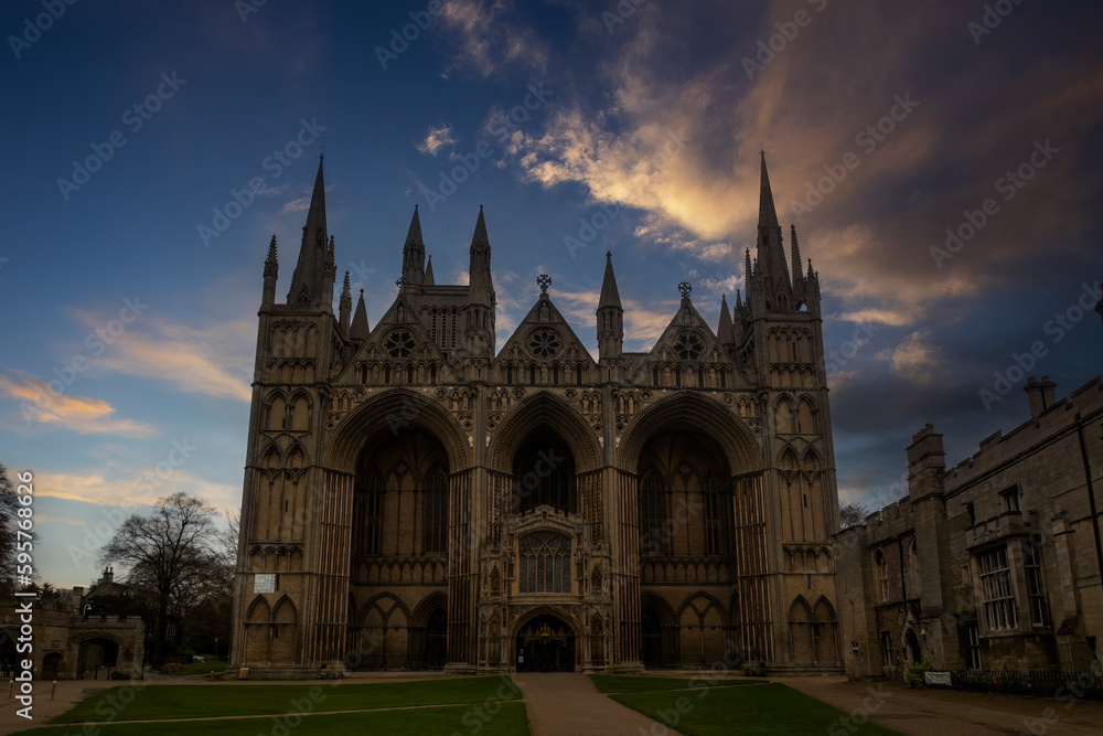 Sunset over the Cathedral Church of St Peter, St Paul and St Andrew in Peterborough, Cambridgeshire, UK
