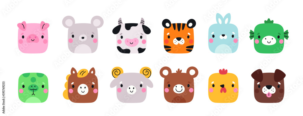 Square cute animals. Farm fauna cartoon characters. Funny muzzles. Chinese horoscope creatures. Mobile applications icons shape. Happy tiger and horse. Garish vector mammals heads set