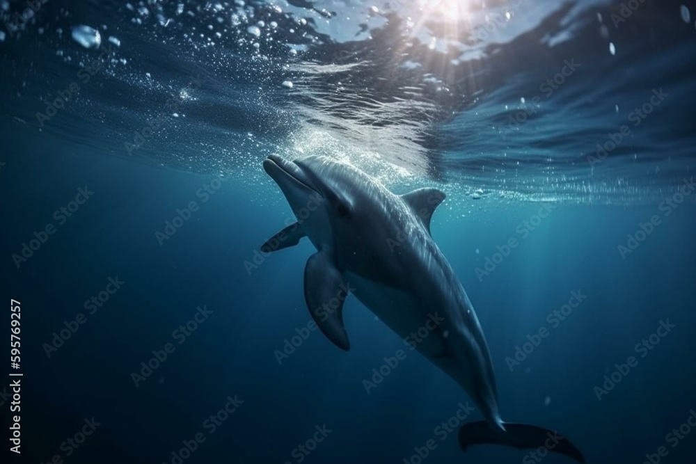 Blue dolphin swimming in blue wave background. Generative AI