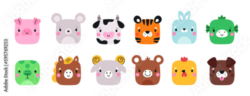 Square cute animals. Farm fauna cartoon characters. Funny muzzles. Chinese horoscope creatures. Mobile applications icons shape. Happy tiger and horse. Garish vector mammals heads set © VectorBum