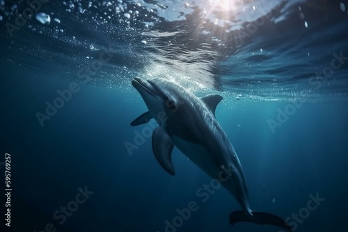 Blue dolphin swimming in blue wave background. Generative AI