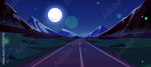 Road and mountain cartoon night landscape. Dark blue sky and full moon under straight way to horizon. Empty summer journey path scene with alps, glowworms. Asphalt freeway and mountains panoramic view