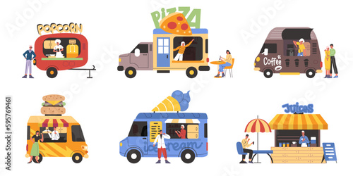 Street food marketplace kiosks. Eating festival on wheels. Vendors at counters. Cooks and visitors. Restaurant stalls and trucks. Coffee shop. Burgers and ice cream. Vector eateries set