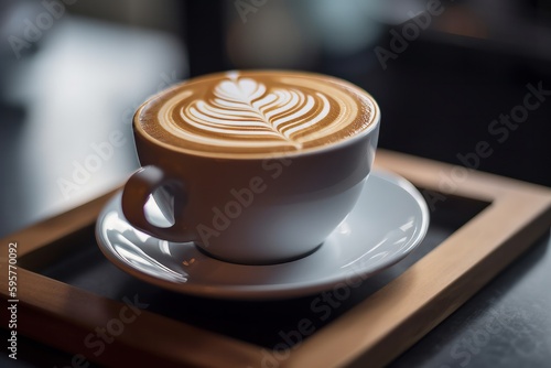A cup of freshly brewed coffee with latte art. Generative AI