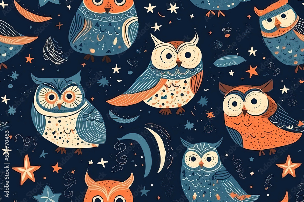 Obraz premium Seamless pattern with Cute owls on a dark blue background. Generative AI illustration. Textile pattern, print for children.