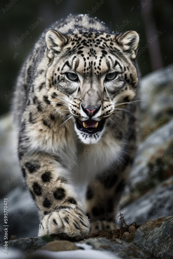 Snow leopard in the winter mountain forest. Wilde cat animal aggressive grinning towards camera Snow leopard in the winter mountain forest. Wilde cat animal aggressive grinning towards camera