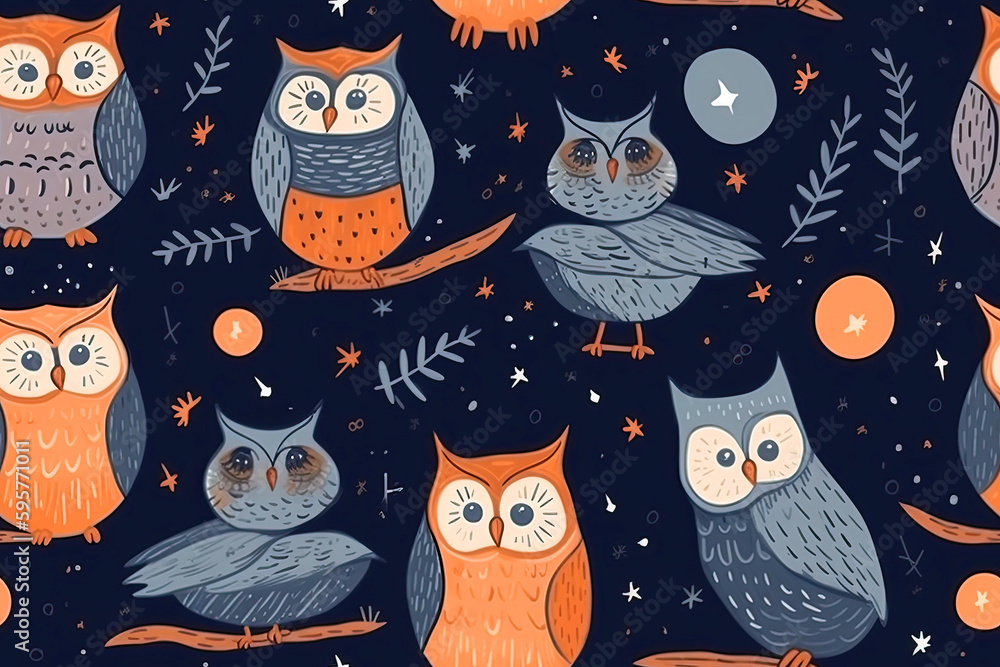 Obraz premium Seamless pattern with Cute owls on a dark blue background. Generative AI illustration. Textile pattern for children's things.