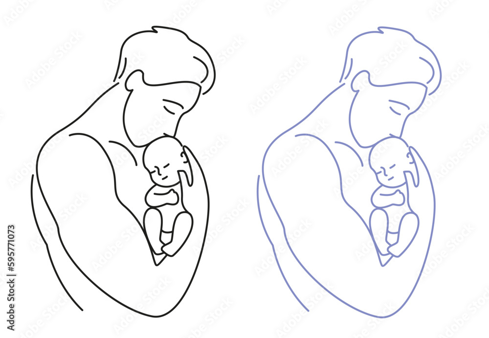A young man, a father, gently holds newborn baby in his arms, hugs him. Line drawing. A young man, a father, gently holds newborn baby in his arms, hugs him. Line drawing.