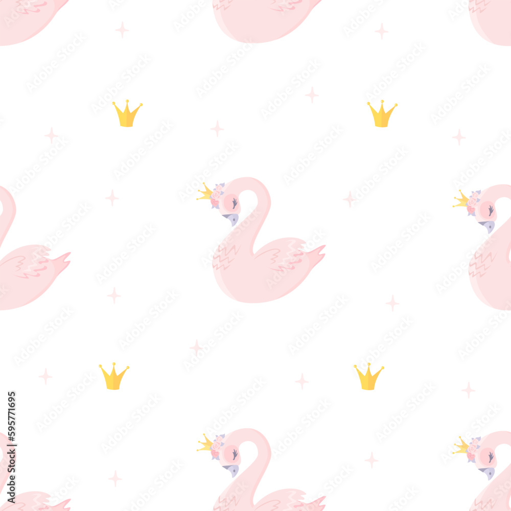 Nice gentle vector pattern for girls. Princess swan, crowns, stars. Fairy tale children's background 