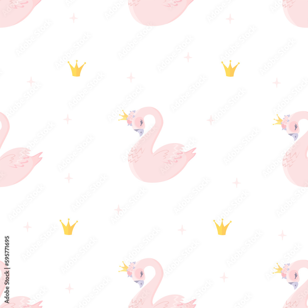 Obraz premium Nice gentle vector pattern for girls. Princess swan, crowns, stars. Fairy tale children's background 