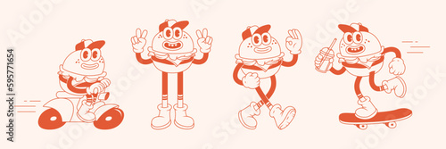 Burger retro cartoon fast food stickers. Comic character with happy smile face and other elements for burger bar, cafe, restaurant. Groovy funky vector illustration in trendy retro cartoon style.