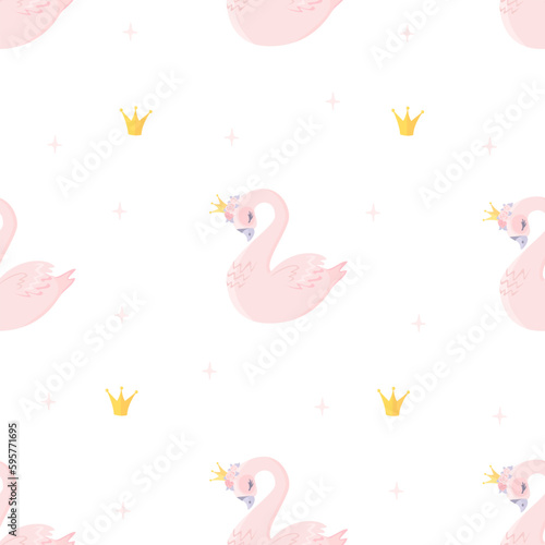 Nice gentle vector pattern for girls. Princess swan, crowns, stars. Fairy tale children's background 