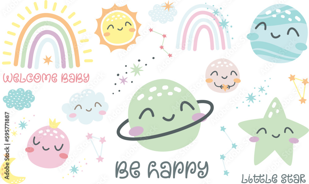 Cute vector set. Sleeping planets. Sun, flax, uranium, Pluto, stars and other planets, rainbow. Cute children's illustrations.