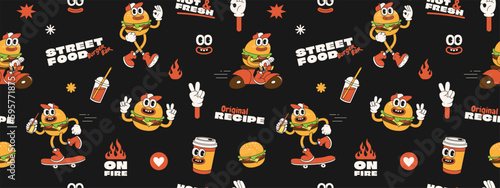 Burger retro cartoon fast food seamless pattern. Comic character, slogan, quotes and other elements for burger bar, cafe, restaurant. Groovy funky trendy vector illustration and background. © Martyshova