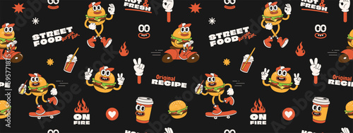 Burger retro cartoon fast food seamless pattern. Comic character, slogan, quotes and other elements for burger bar, cafe, restaurant. Groovy funky trendy vector illustration and background.