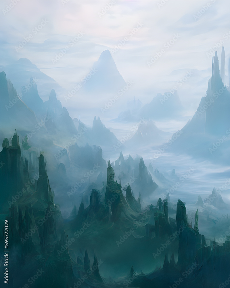 Large number of mountains, fantasy landscapes touching the horizons, skies and dense lush forest - obrazy, fototapety, plakaty 