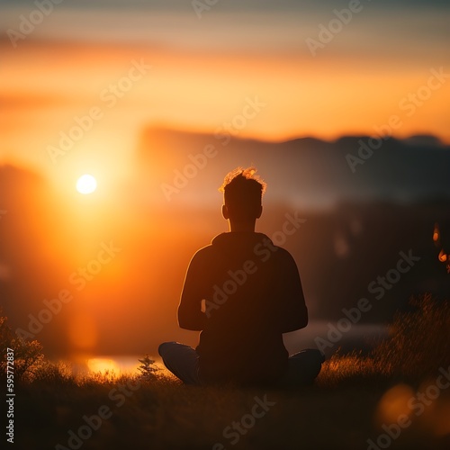 silhouette of a person meditating on a sunset made with generative AI © Paul