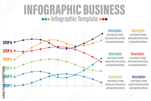 Six line charts. Business data. Progress, point, design. Creative concept for infographic, templates, presentation. Can be used for topics like finance, management, research.