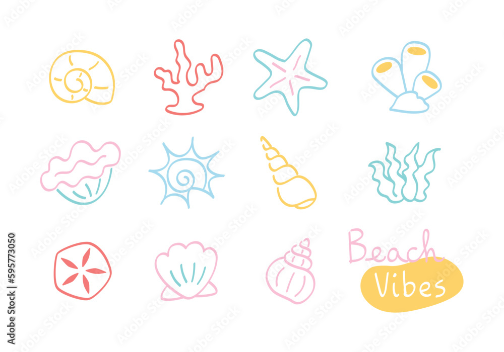 Seashell and sea life collection - outline
