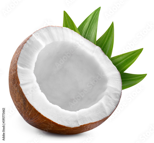 Coconut half isolated on white background. Coconut with clipping path. Coconut macro studio photo