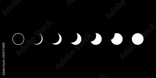 Moon different phases or lunar phase waxing and waning magic mysterious boho on black background flat vector black icon design.