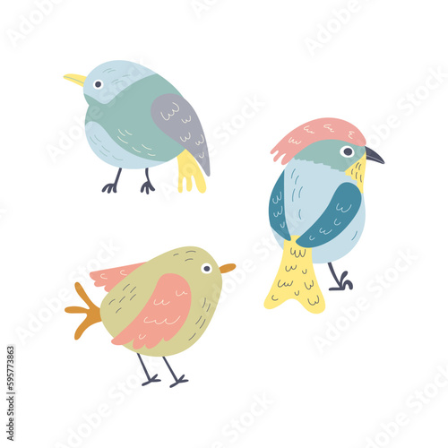 Set with cartoon spring funny bird illustration