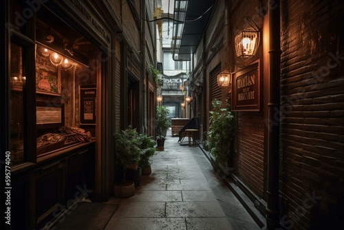 Revitalized alley with new storefronts adorned. Generative AI