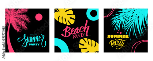 Summer Party set. Summertime night party bright color backgrounds with hand lettering, palm tree and tropical leaves. Vector illustration.