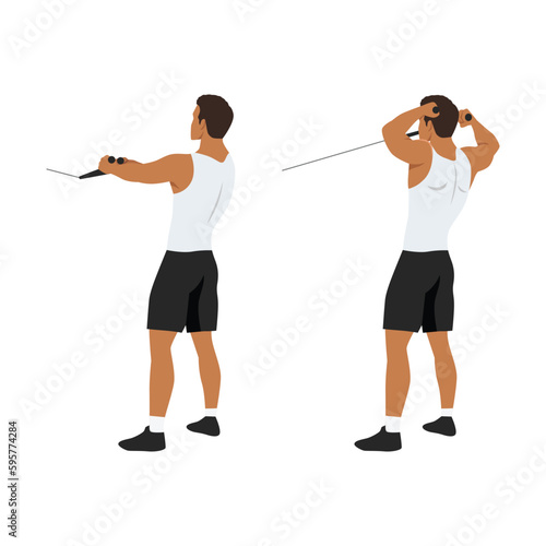 Man doing standing rope face pull. Cable face pull exercise back view. Flat vector illustration. Shoulder exercise.