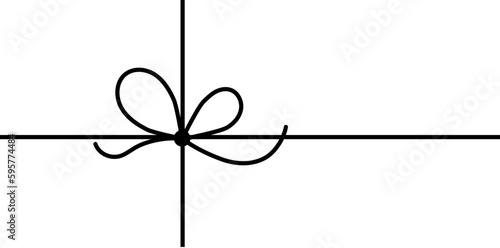 Bow on gift ribbon string vector silhouette icon. Black line art rope cord with knot and bow for holiday christmas package decoration.